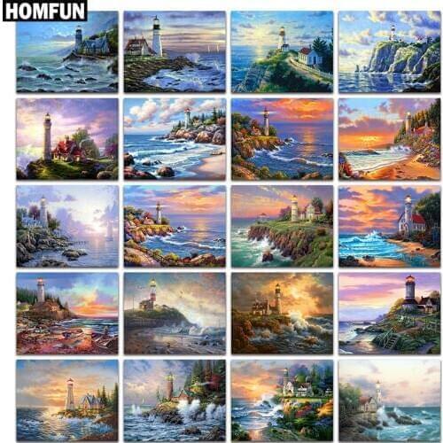 HOMFUN Full Square/Round 5D DIY Diamond Embroidery "Seaside lighthouse" Diamond Painting Cross Stitch Rhinestone 5D Decor