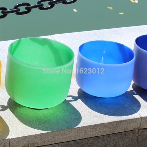 440hz pitch perfect Chakra Tuned Set of 2 Colored Frosted Crystal Singing Bowls 12'' and 14'' with suede mallet and O-ring