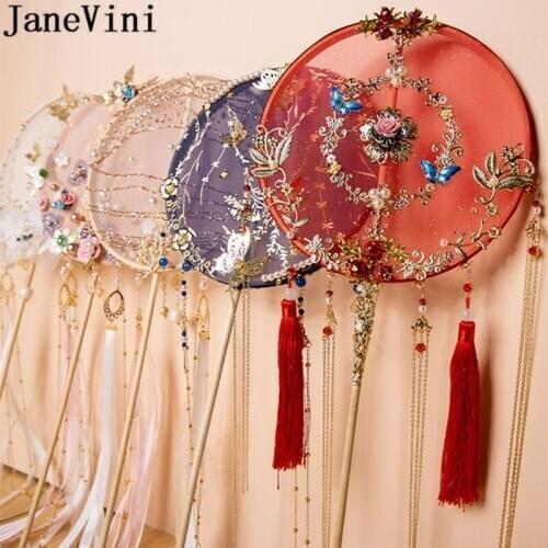 JaneVini Vintage Red Chinese Bridal Fan Artificial Flowers Pearls Beaded Bride Jewelry Butterfly Long Handle Wedding Fan Bouquet