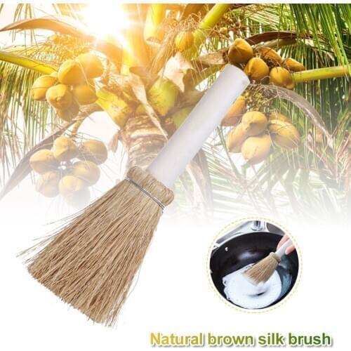 Natural Brown Silk Pan Pot Brush Palm Pot Brush Wooden Handle Long Handle Non-Stick Oil Kitchen Artifact Coconut Palm Brush