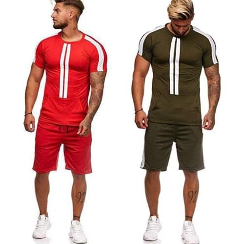 Mens Casual Tracksuit Sports Jogging Suit 2 Pieces Summer Short Sleeve Breathable Shirt+Shorts Fitness Running Set Streetwear