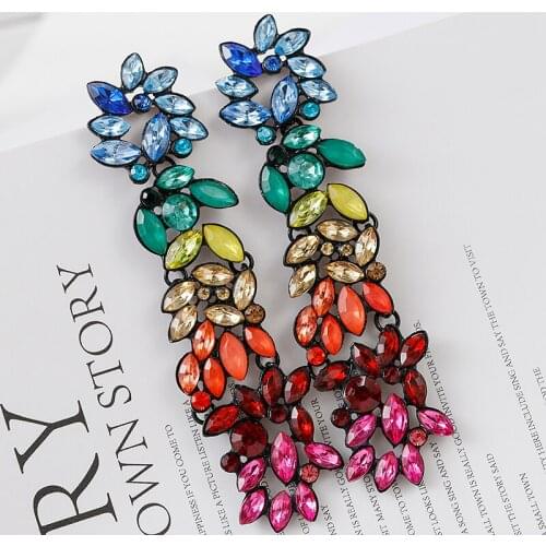 Lifefontier Exaggerated Colorful Crystal Flowers Big Long Earrings Women Gems Drop Earrings Bridal Party Statement Jewelry Gifts