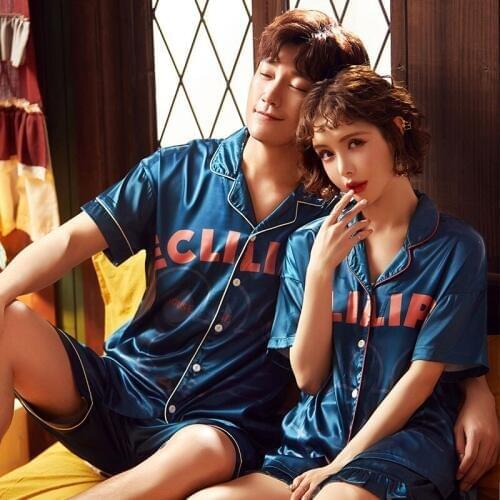 Summer Ice Silk Pajama Women Couple Thin Short Sleeve Loose Mens Homewear Lovers Set