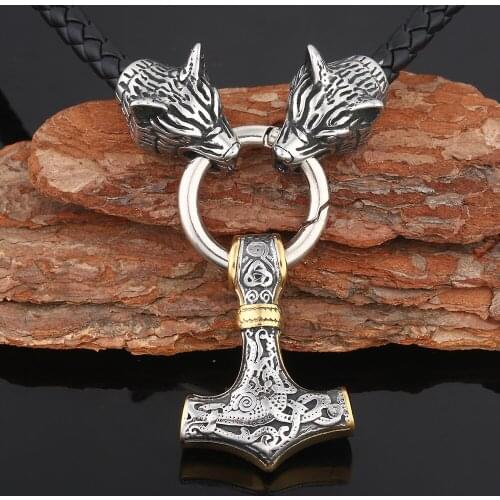 Mens New Style Vintage Stainless Steel Norse Viking Wolf& Thor Hammer Mjolnir Pendant Necklace Rope Chain Jewelry