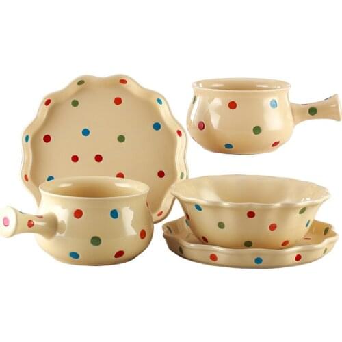 Polka Dot Ceramic Bowl and Dish Set Korean Bowl and Dish Creative Bowl Dish & Plate Cute Dinnerware Instant Noodle Bowl