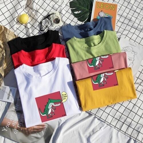 Newness Cute Dinosaur t Shirt Hip Hop Vintage All-Match Funny Oversized Streetwear Hip Hop Unisex Harajuku Plain Brief Tee Top