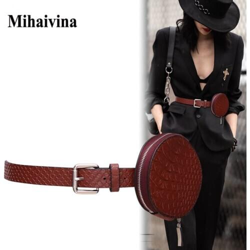 Mihaivina Women Waist Bag Leather Fanny Pack Female Crocodile Round Waist Pack Mini Chest Bags Girl Bum Bag Black Travel Pouch