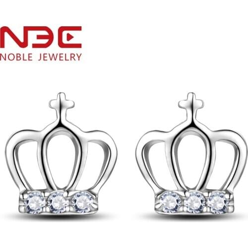 NBE 925 sterling silver simple small stud crown earrings fashion jewelry with cubic zirconia for princess girls preteen or teens