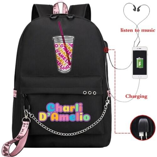 Charli Damelio Backpack Teenager Boys Girls USB Charge School Bag Women Pink Laptop Bagpack Men Travel Bagpack Bookbag Mochila