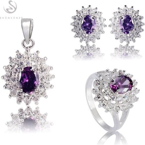 SHUNXUNZE charms Engagement Wedding jewelry sets for women accessories Purple Cubic Zirconia Rhodium Plated R681set size 6 7 8 9