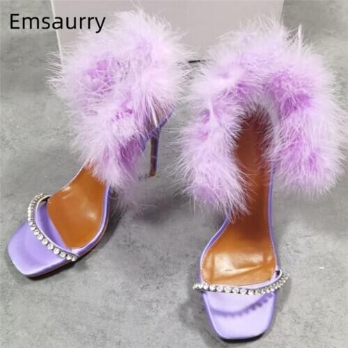 Fairy Style Feather Sandals Women For Girls Jeweled One-strap Luxury Satin Thin High Heels Rhinestone Summer Party Sandalias