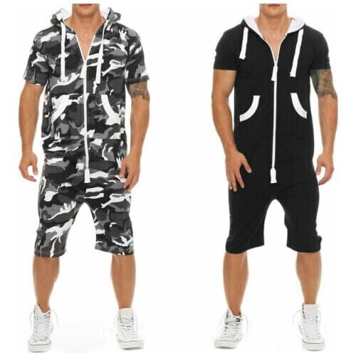 Stylish Cool Man’s Short Sleeve Pants One Piece Shorts Jumpsuit Playsuit Romper Solid Summer Men Casual Playsuits
