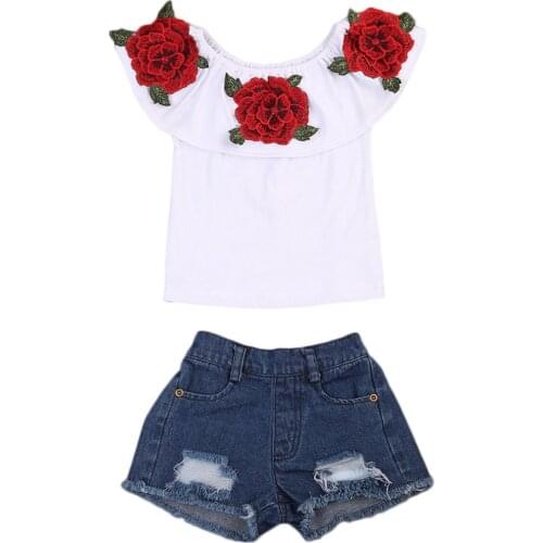 Flower Tops T-shirts Denim Hot Shorts Outfits Clothes Girls New Fashion Toddler Kids Baby Girls Clothing Sets