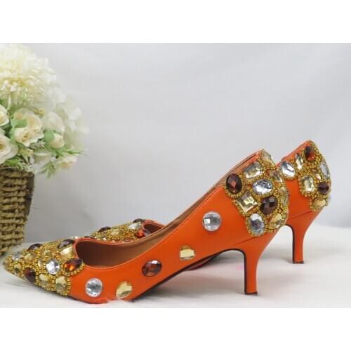 BaoYaFang Orange Crystal Luxury Women wedding shoes 6cm/8cm/10cm Pointed toe High Pumps fashion ladies shoes Shallow Party Shoes