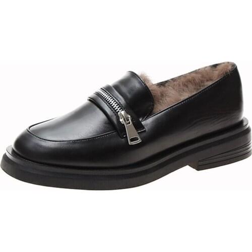 Solid Black Leather Shoes Woman Slip on Casual Shoes Women 2020 Spring Autumn New British Loafers Warm Plush Cotton Oxford Shoes