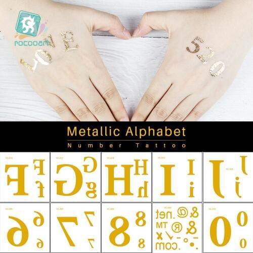 Rocooart Metallic Alphabet Temporary Tattoo Numbers Flash Tattoo Gold Design Fake Tatoo Body Art Henna Tattoo For Football Fans