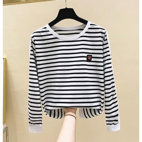 Shintimes Striped T-Shirt Women Cotton Spring Fall 2021 Long Sleeve Korean Style Woman Clothes T Shirt Vintage Tee Shirt Femme