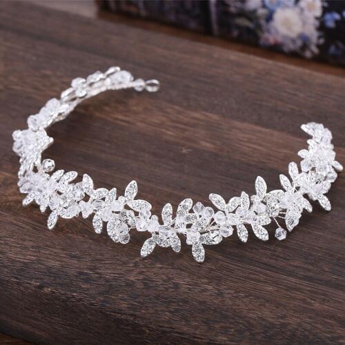 Hot Sale Ladies Silver Color Crystal Bridal Wedding Tiara Accessories Flower Pearl Crystal Chain Headband Hair Clip Comb Jewelry