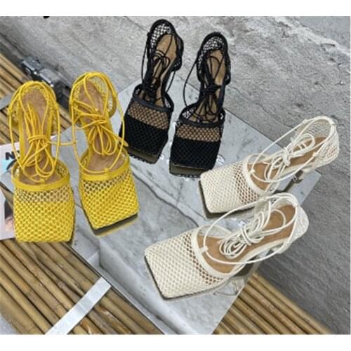 2021 New Sexy Yellow Mesh Pumps Sandals Female Square Toe high heel Lace Up Cross-tied Stiletto hollow Dress shoes