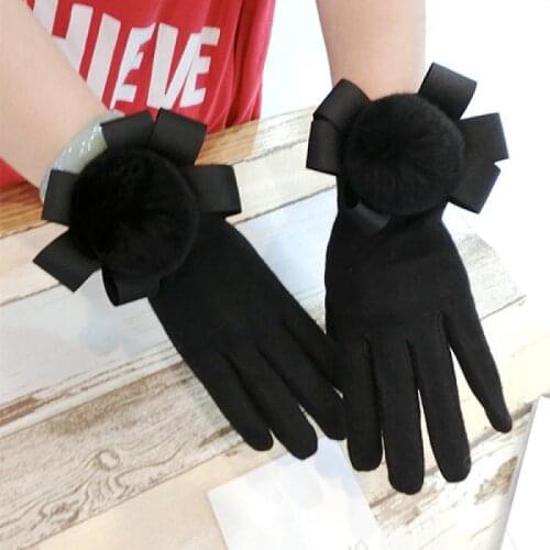 New Korean Version with Touch Screen Five-Finger Ladies Bowknot Rabbit Fur Ball Finger Cute Thick Warm Gloves
