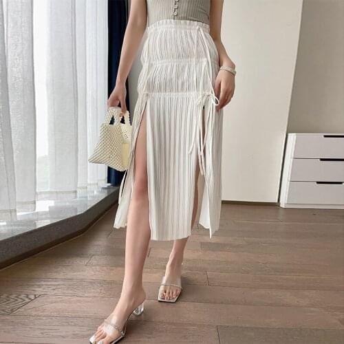 Womens Street New Skirts Pure Color Pleated Split Lace Sexy Over-The-Knee Skirt Korean Casual Trendy Womens Clothing 2021