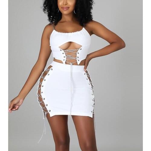 Skirts Sets Summer Outfits Women Matching Set Bodycon Lace up Spaghetti Strap Tops & Mini Skirt Sxy Elegant 2 Pieces Cloth Sets