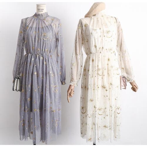 2020 Women Summer Lantern Sleeve Embroidery Star Moon Ruffles Party Dress Lady Elastic Slim Pullover Mesh Gauze Voile Midi Dress