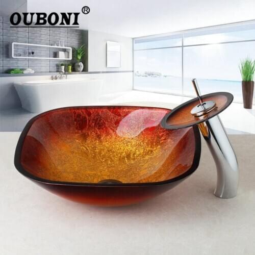 Waterfall Gold Bathroom Sink Washbasin Bath Set Faucet Mixer Taps Shine Square Tempered Glass Hand Painted Bathroom Basin Tap