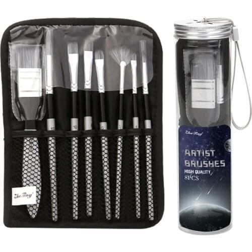 8pcs Professional Cloth Bag Plastic Box Artist Paint Brushes Set Synthetic Nylon Fan Wide Brush for Acrylic Oil Watercolor Paint