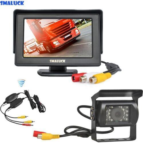 SMALUCK Wireless 4.3inch Car Monitor + Waterproof Rear View Backup Camera Parking Assistance System for Trucks Caravans Bus