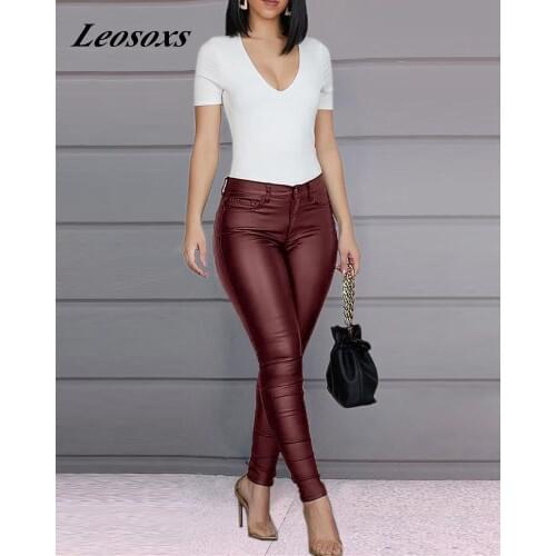 Pants Women Autumn Spring Female Leggings Vintage Faux Leather Slim High Waist Casual Ladies Pants Womens pants