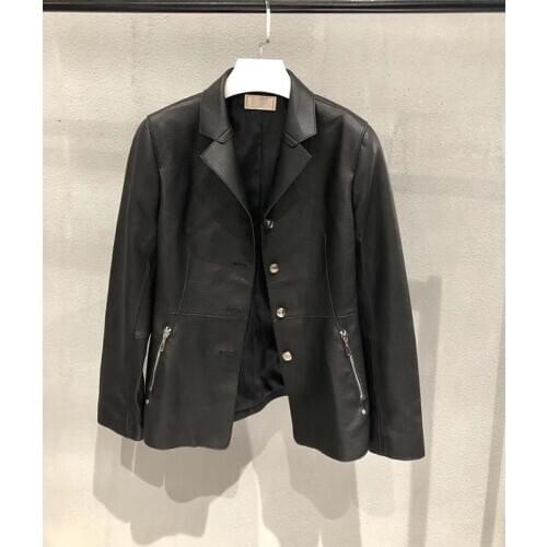 Cosmicchic 2020 Autumn Women Genuine Leather Jackets With Belt Slim Fit Cowhide Black Suit Jacket Outwear Coat Fashion Plus Size