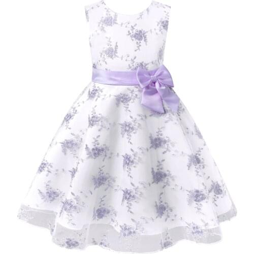 Kids Girls Princess Dress Summer Sleeveless Embroidered Flower Bowknot Mesh Tutu Dress Flower Girls Wedding Party Birthday Dress