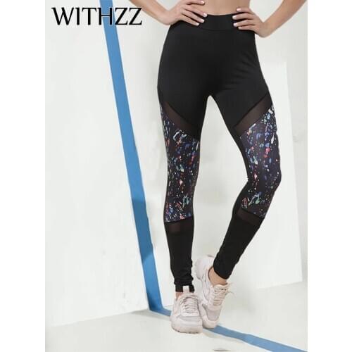 WITHZZ Stretch Print Mesh Sports Workout Pants Female Fitness Casual Leggings
