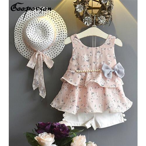 Girls Summer Clothes Set Floral Shirt + White Ball Pants + Hat 3 Pcs Baby Girl Beach Sets for Kids Clothing Drop Shipping