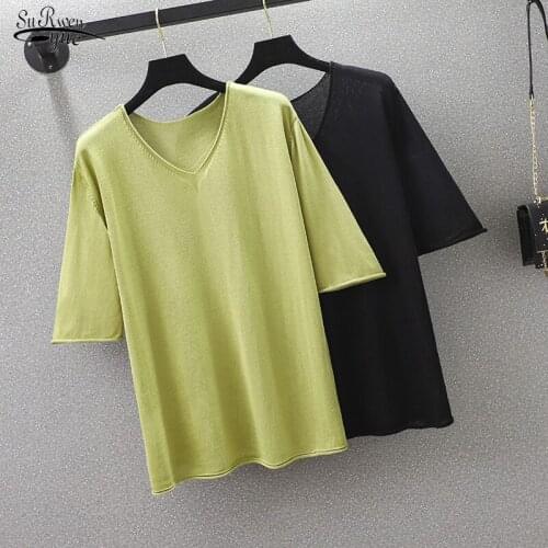 Summer New Fashion Chic V-neck Collar Shirt Women Shirts Woman Thin Knitted Blouse Shirt Short Sleeve Pullover Tops Femme 13593