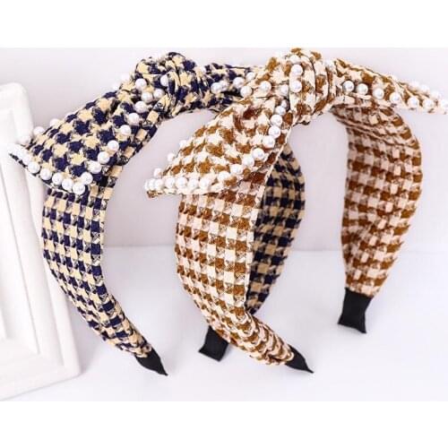 Fashion new product pleated plaid fabric pearl headband bow tie headdress