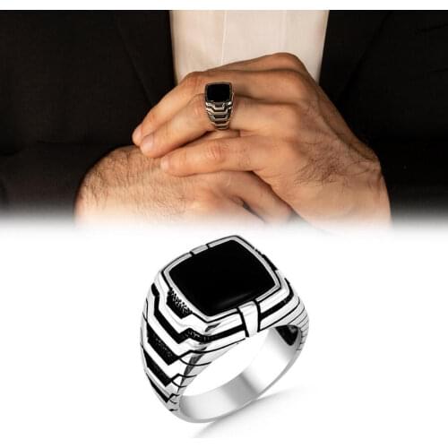 Men Silver Square Plain Model Black Onyx Gemstone Ring Handmade Men Jewelery High Quality Fashionable Vintage Silver Accessories