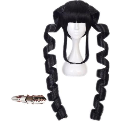 MeetLife Celestia Ludenberg Wig With Ring Anime Danganronpa Cosplay Long Curly Black Wig Punk Rock Gothic Knuckle Joint Rings