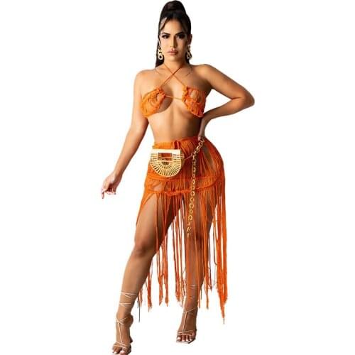 Sexy Crochet Knitted 2 Piece Set Women Bathing Suit Beach Backless Crop Top Long Dress Sets Summer Tassel Holiday Club Outfits