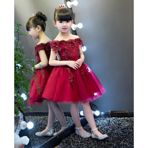 New Shoulderless Flower Girls Dresses For Wedding Appliques Formal Girl Birthday Party Dress Red Lace Princess Ball Gown