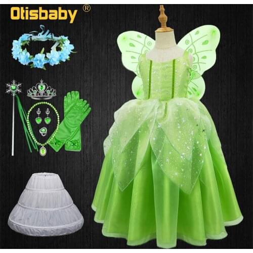 Princess and the Frog Girls Tiana Dress Fancy Fairy Wings Halloween Green Elf Costume Christmas Birthday Party Fluffy Dresses