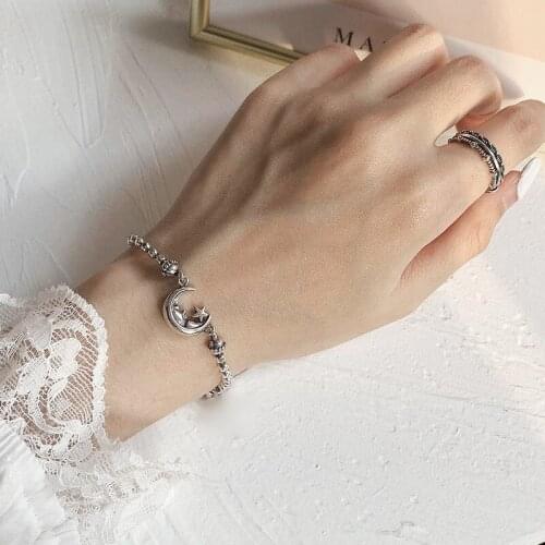 Retro Classic Handmade Silver Plated Moon Star Bracelet Beads Chain Charm Lady Couple Bracelet Jewelry Valentines Day Best Gift