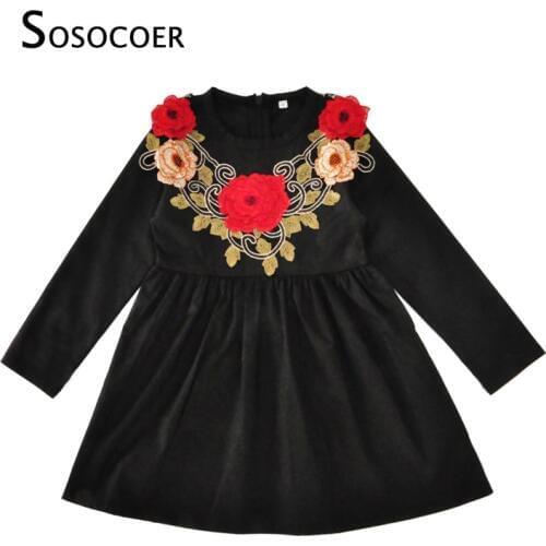 SOSOCOER Flower Girl Dresses 2017 Autumn Embroidery Floral Long-sleeve Kids Party Dress Girls Clothes Fashion Black Baby Outfits
