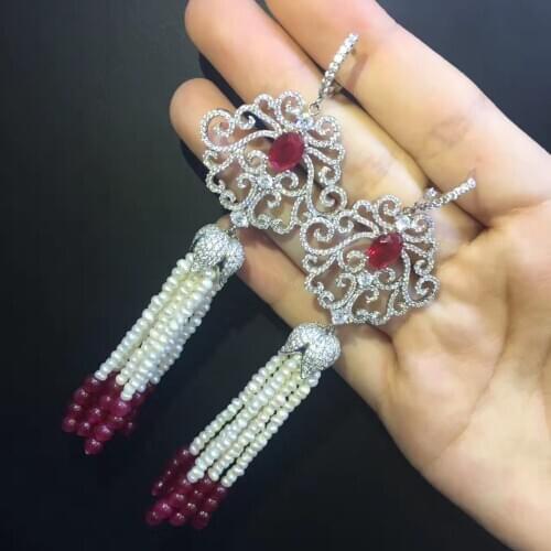 Party wedding earring natural fresh water pearl tassels earring long earring 925 sterling silver with cubic zircon fashion