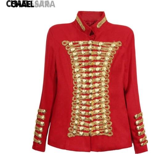 High Quality Runway Fashion Rock Punk Jacket Female Gold Buttons Army Jacket Vintage Long Sleeve Slim Wool Jacket