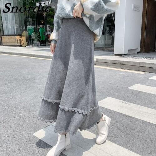 2021 Women Autumn Winter Knitted Long Sweater Skirt Elastic High Waist A-line Knitting Skirts Edible Tree Fungus Hem