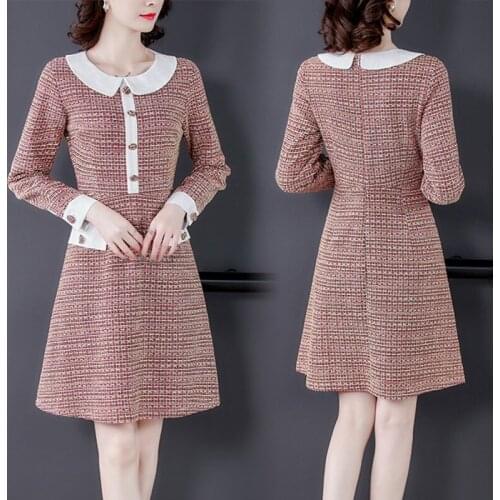 2021 autumn winter High Quality New Fashion Women Long Sleeve O neck Tweed casual Dresses