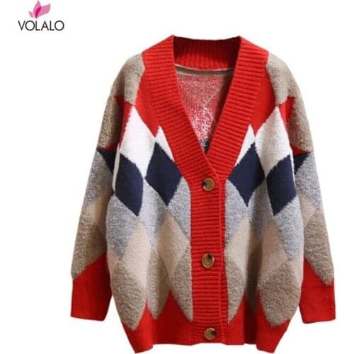 Women Knitted Fashion Loose Sweater Spring Autumn V-Neck Long Sleeve Single Breasted Argyle Harajuku Female Cardigan