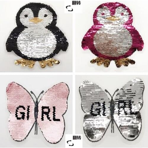 Clothing Accessories Cutie Penguin Butterfly Sequins EMB Applique Sew On Patch DIY Embroidered Bling double-faced Reversible